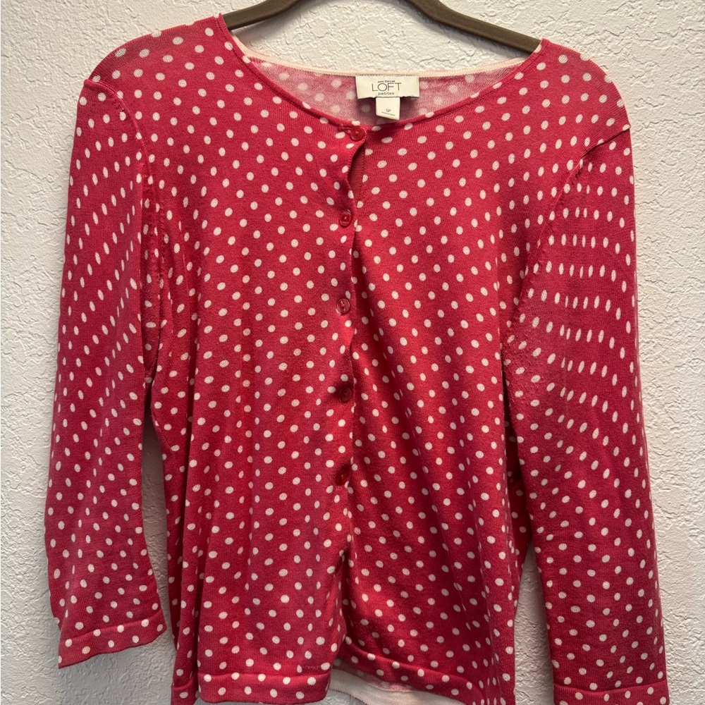 LOFT Women's Pink Polka Dot Button Down Cardigan